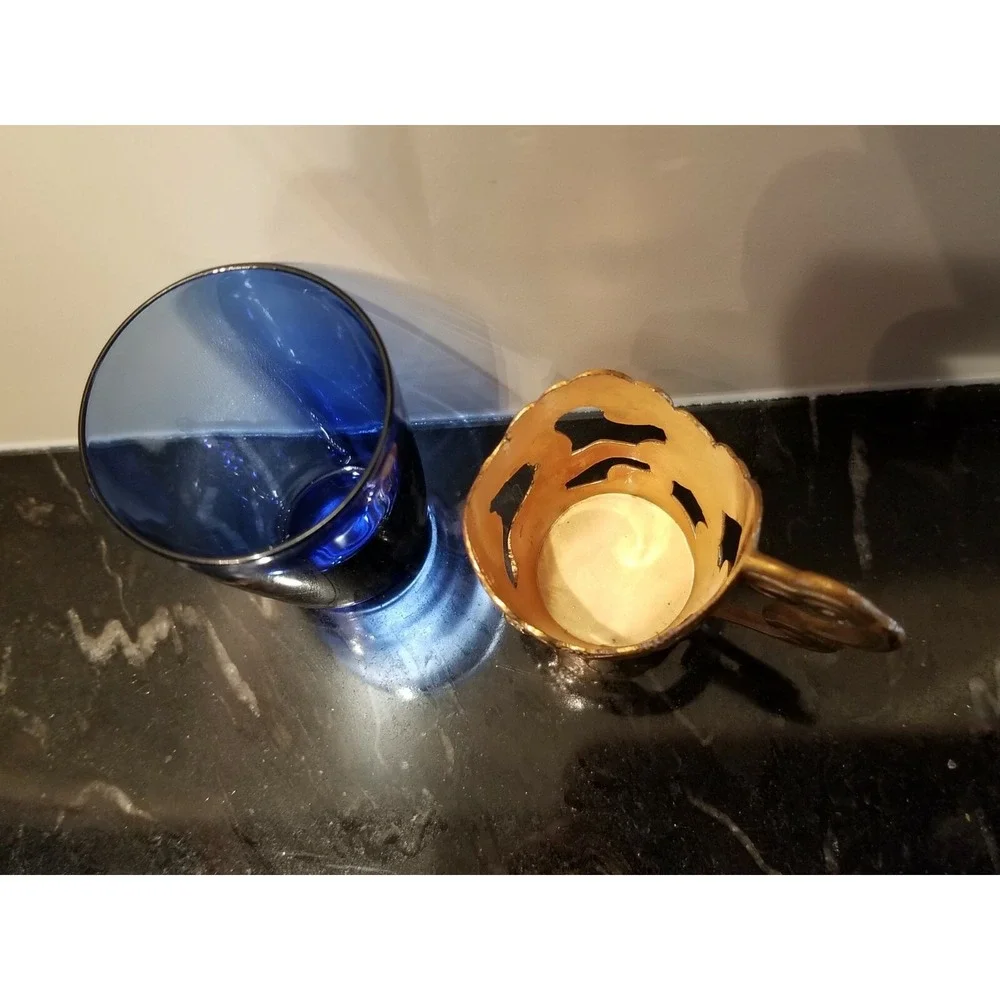 Vintage Blue Shot Glasses & Gold Metalic Holder w Dragon Design Set of 4